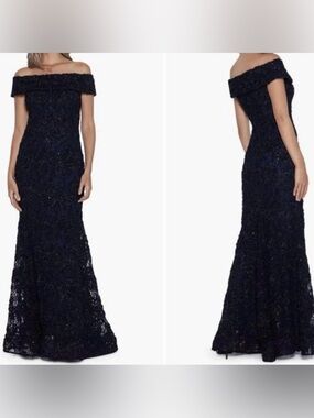 Xscape Navy Off-Shoulder Lace Evening Gown